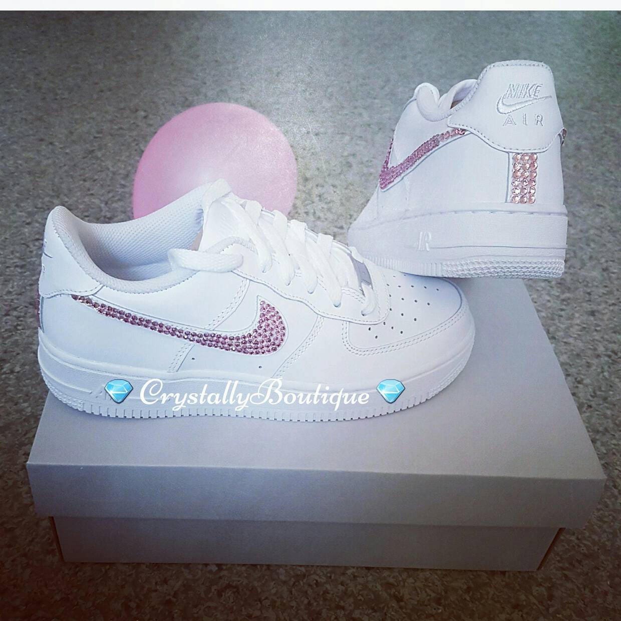 Junior Nike Air Force Ones White customised with Pink Swarovski & Rhinestone Crystals size 3-5.5uk Brand New!