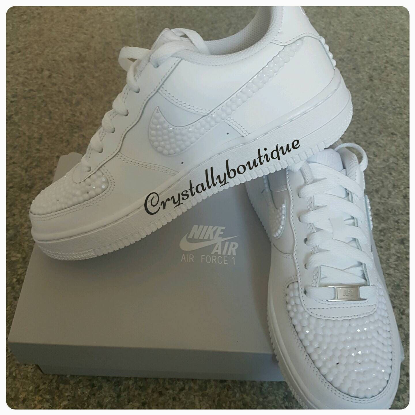 Adult Nike Air Force Ones White customised with White Rhinestone Crystals sizes 3 - 10 UK