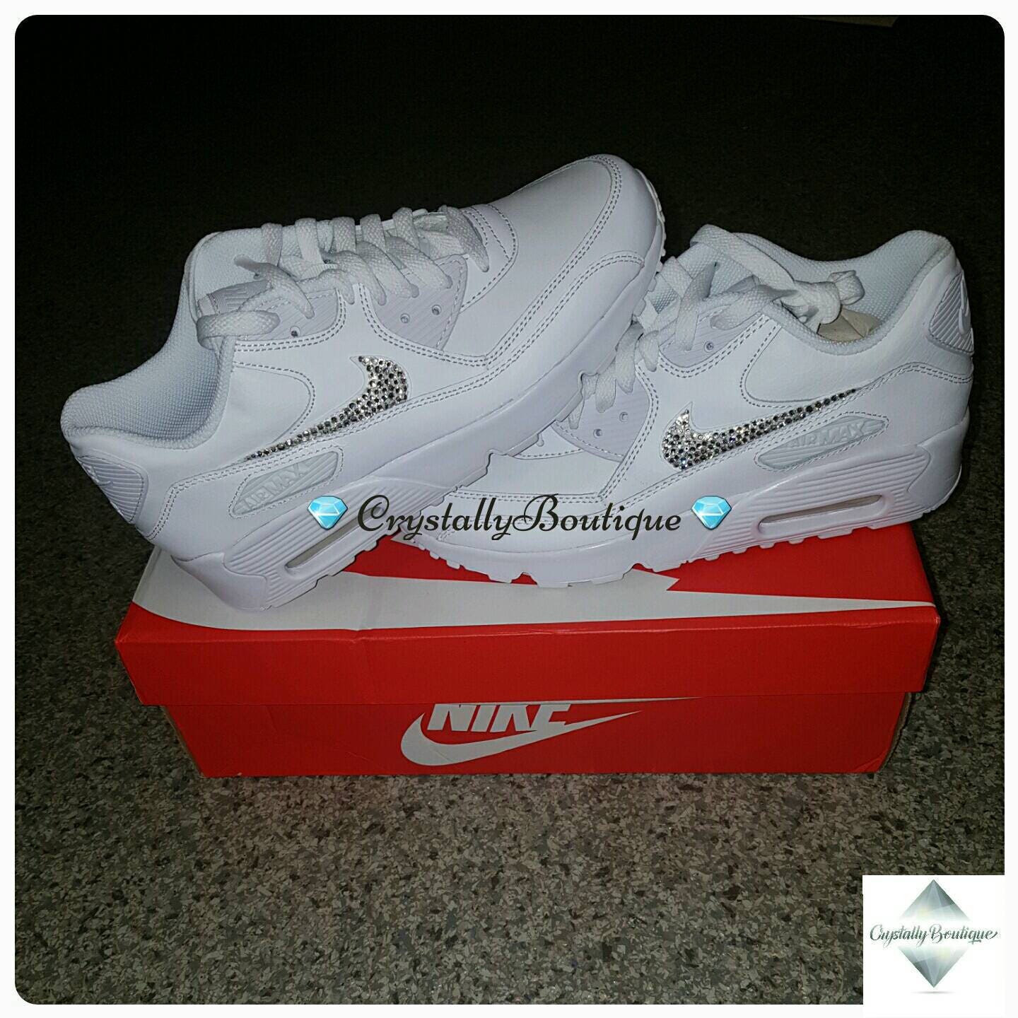 Beautiful Adult Bling Nike Air max 90 Customised Tick with Swarovski and Rhinestone Crystals White size 6-11 UK Brand New!