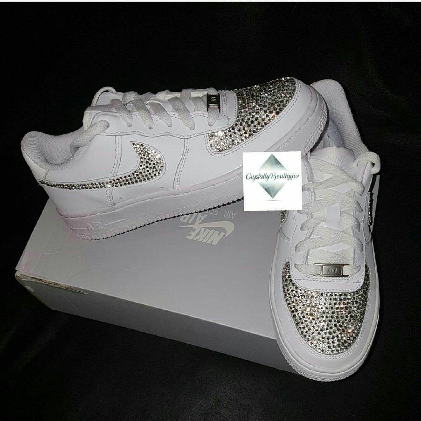 Adult Bling Swarovski & Rhinestone Customised Nike Air Force Ones White size 6 7 8 9 10 11 UK Brand New!