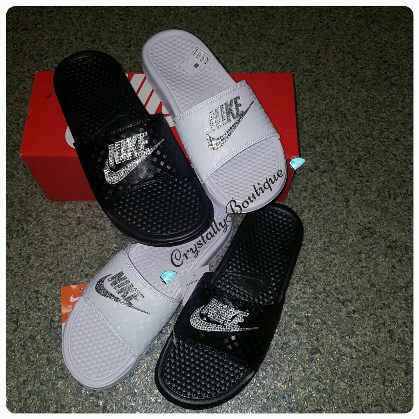 Black Customised Nike Slides Sandle Shoes with Clear Crystals 3.5 - 9.5 UK
