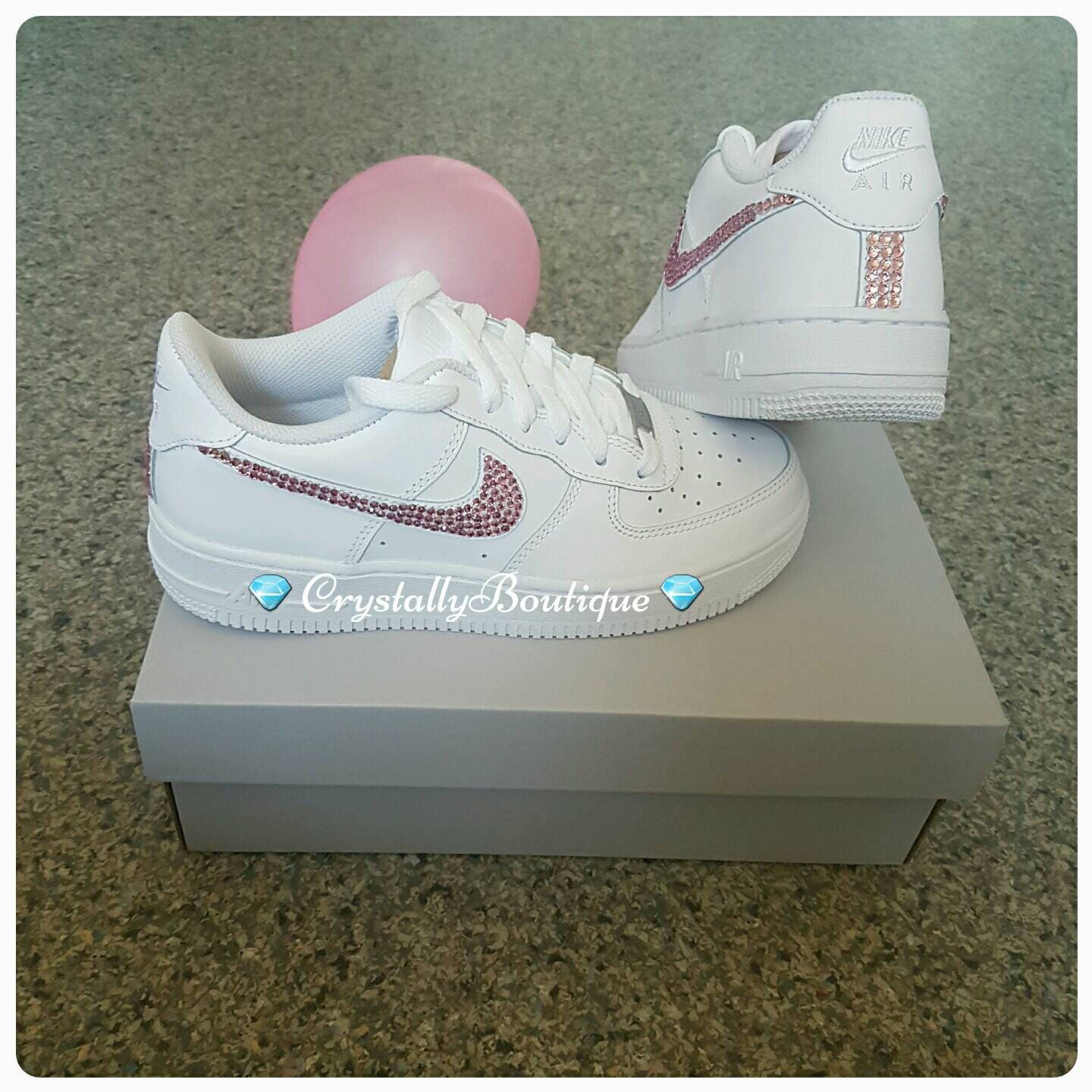 Adult Nike Air Force Ones White customised with Pink Swarovski & Rhinestone Crystals sizes 4 - 11 UK