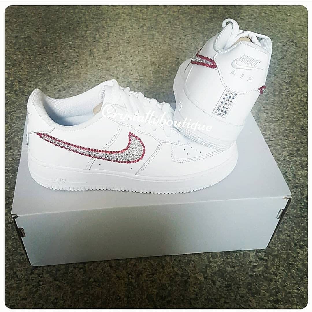 Red and Clear Junior Swarovski & Rhinestone Customised Nike Air Force Ones White size 3 4 5 5.5 UK Brand New!