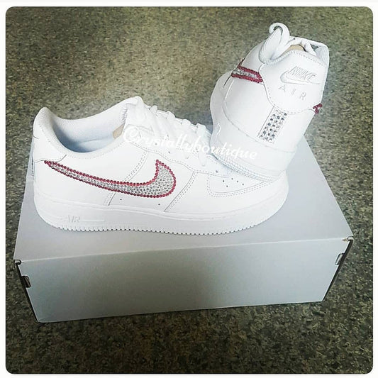 Red and Clear Junior Swarovski & Rhinestone Customised Nike Air Force Ones White size 3 4 5 5.5 UK Brand New!