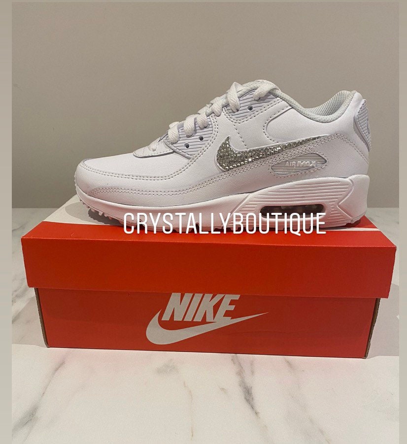 Beautiful Kids Bling Nike Air max 90 Customised Tick with Swarovski and Rhinestone Crystals White size 10 11 12 13 1 2 UK Brand New!