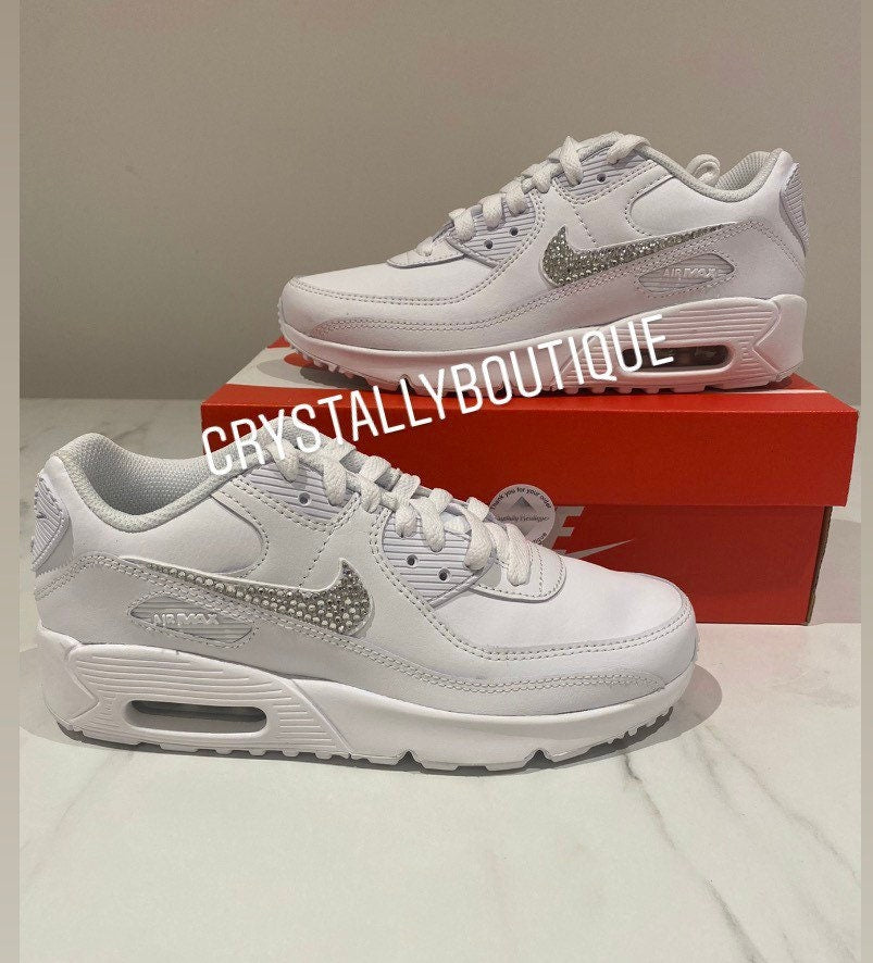 Beautiful Kids Bling Nike Air max 90 Customised Tick with Swarovski and Rhinestone Crystals White size 10 11 12 13 1 2 UK Brand New!