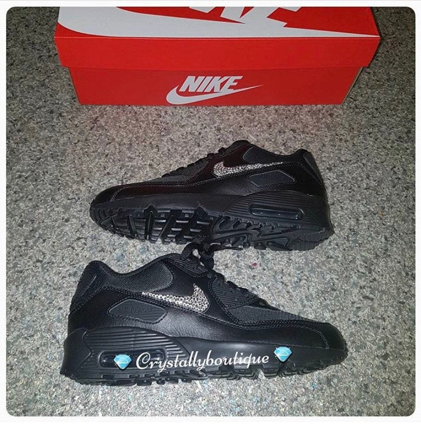 Beautiful Kids Bling Black Nike Air max 90 Customised Tick with Swarovski and Rhinestone Crystals White size 10 11 12 13 1 2 UK Brand New!