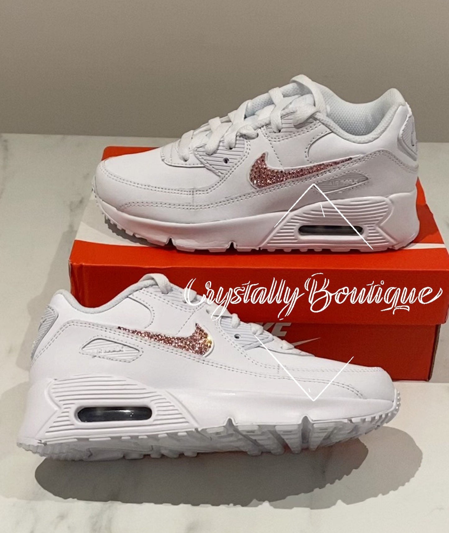 Junior Pink Customised Tick w/ Swarovski & Rhinestone Nike Air Max 90 White size 3 4 5 5.5 UK Brand New!
