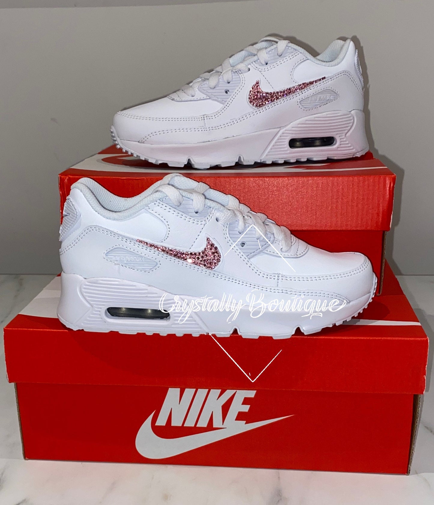 Junior Pink Customised Tick w/ Swarovski & Rhinestone Nike Air Max 90 White size 3 4 5 5.5 UK Brand New!
