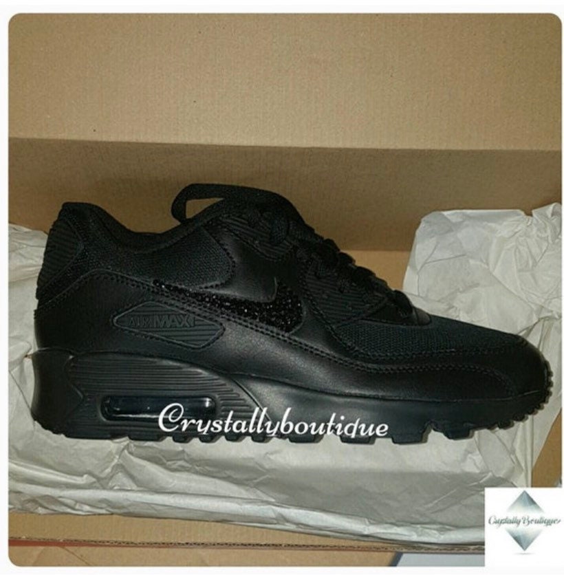 Junior Customised Tick w/ Swarovski & Rhinestone Nike Air Max 90 Black size 3 4 5 5.5 UK Brand New!