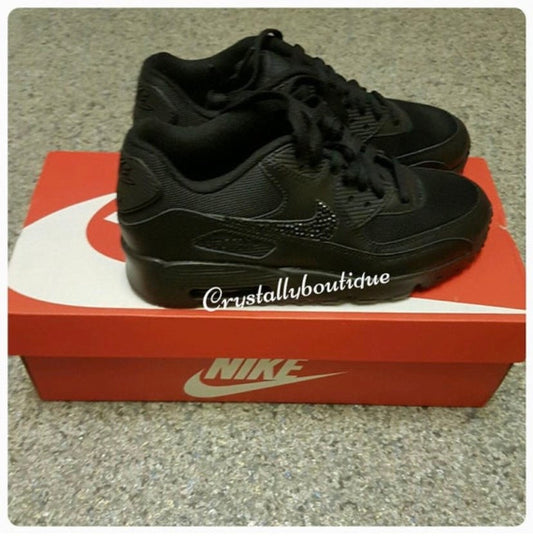 Junior Customised Tick w/ Swarovski & Rhinestone Nike Air Max 90 Black size 3 4 5 5.5 UK Brand New!
