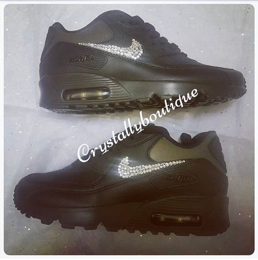 Beautiful Kids Bling Black Nike Air max 90 Customised Tick with Swarovski and Rhinestone Crystals White size 10 11 12 13 1 2 UK Brand New!