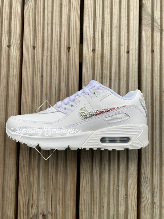 Junior Two Tone Pink Customised Tick w/ Swarovski & Rhinestone Nike Air Max 90 White size 3 4 5 5.5 UK Brand New!