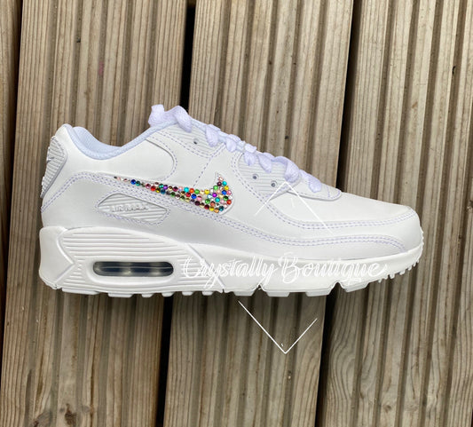 Junior Rainbow Customised Tick w/ Swarovski & Rhinestone Nike Air Max 90 White size 3 4 5 5.5 UK Brand New!