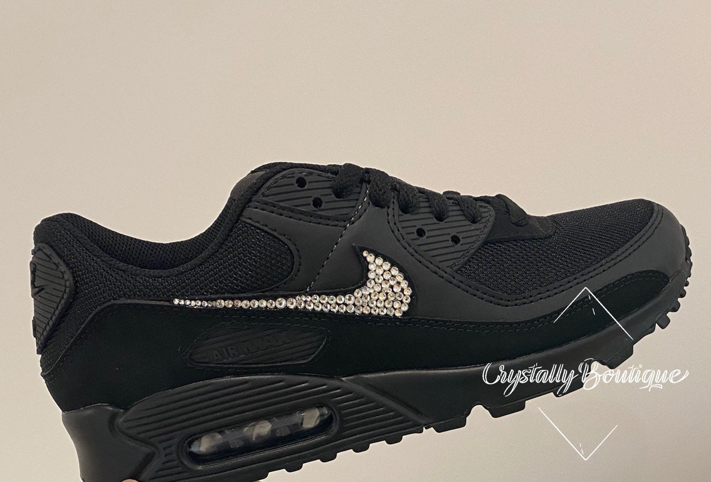 Adult Customised Black Bling Nike Air Max 90 Black Sparkle Crystals size 6 7 8 9 10 11 UK