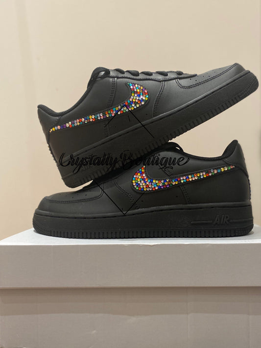 Junior Rainbow Bling Swaroski & Rhinestone Customised Nike Air Force Ones Black size junior 3-5.5uk Brand New! Rainbow Unicorn Bling