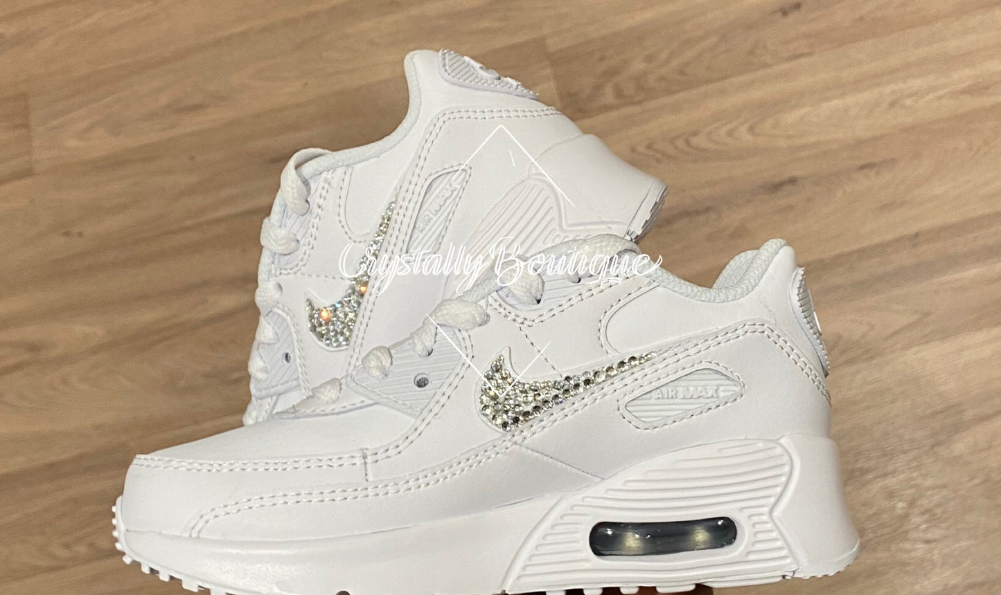 Beautiful Adult Bling Nike Air max 90 Customised Tick with Swarovski and Rhinestone Crystals White size 6-11 UK Brand New!
