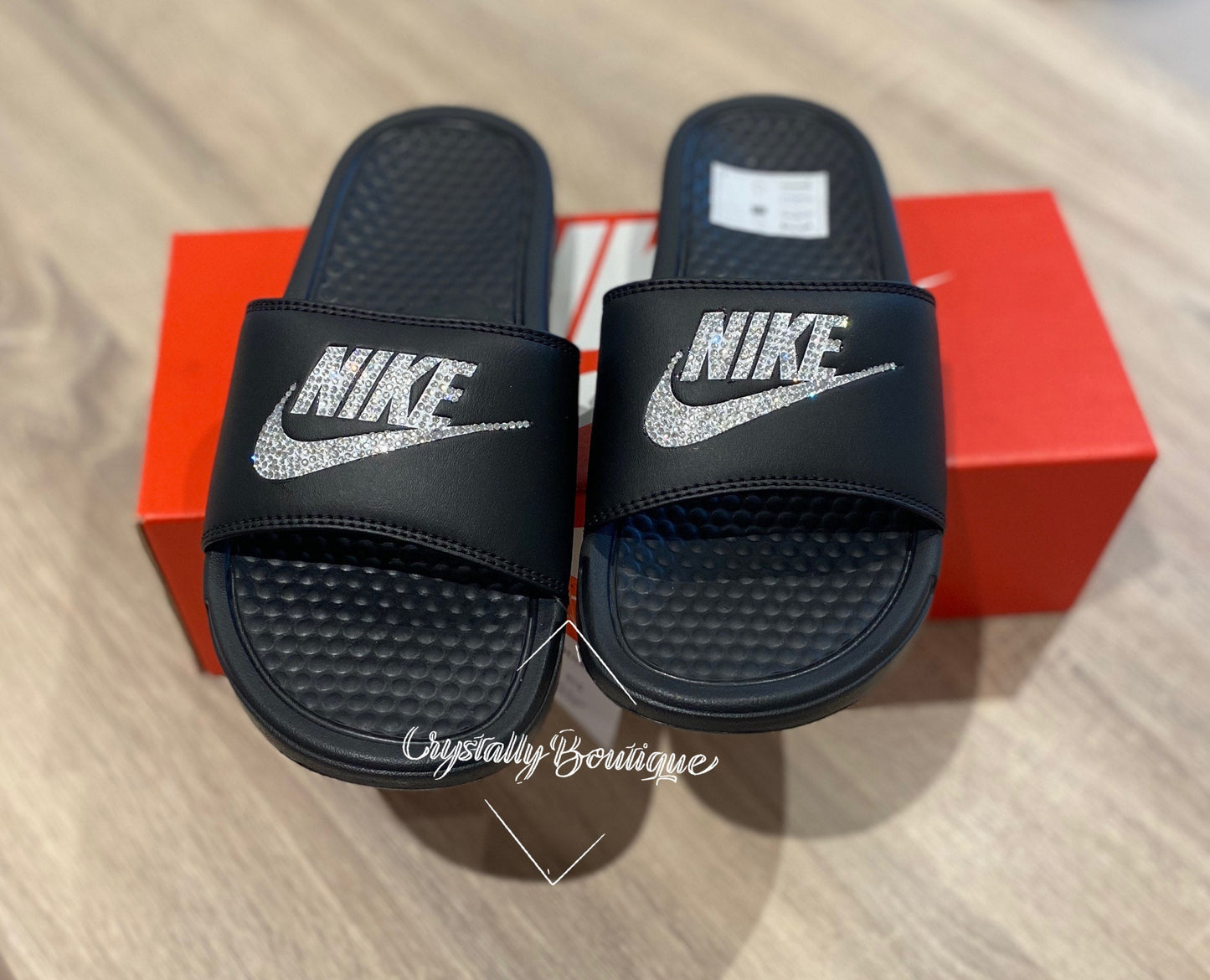 Black Customised Nike Benassi Slides Sandle Shoes with Clear Crystals 3.5 - 9.5 UK