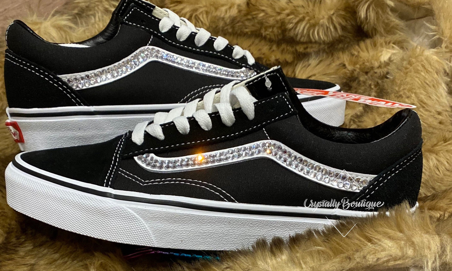 Junior and Adult Vans Black and White Old Skool Customised with Swarovski & Rhinestone Crystals