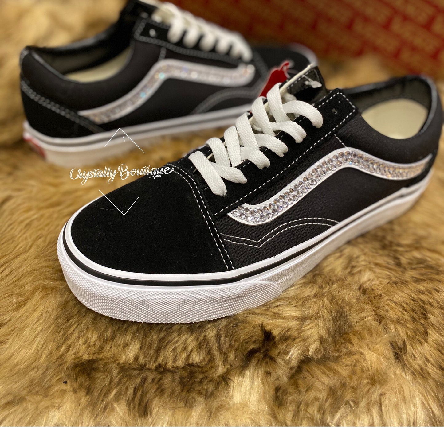 Junior and Adult Vans Black and White Old Skool Customised with Swarovski & Rhinestone Crystals