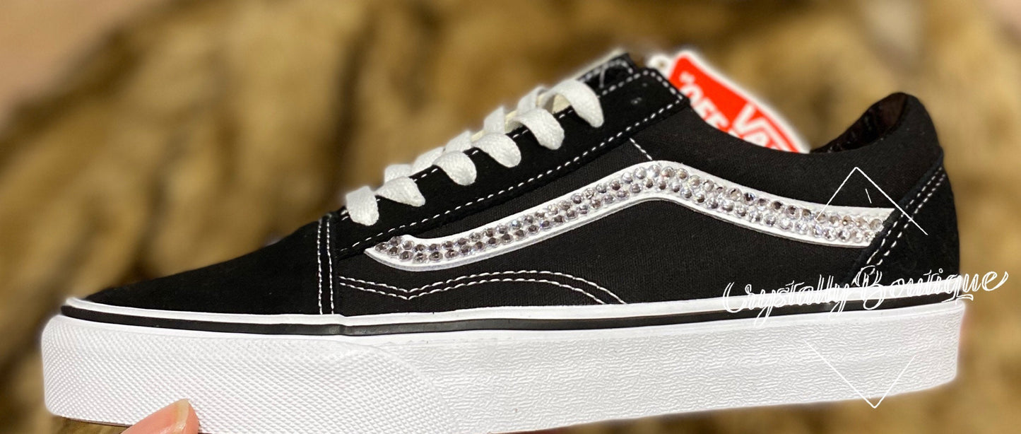 Junior and Adult Vans Black and White Old Skool Customised with Swarovski & Rhinestone Crystals