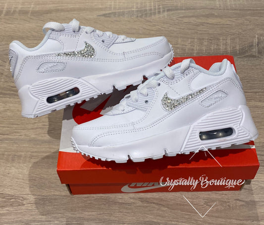 Beautiful Adult Bling Nike Air max 90 Customised Tick with Swarovski and Rhinestone Crystals White size 6-11 UK Brand New!