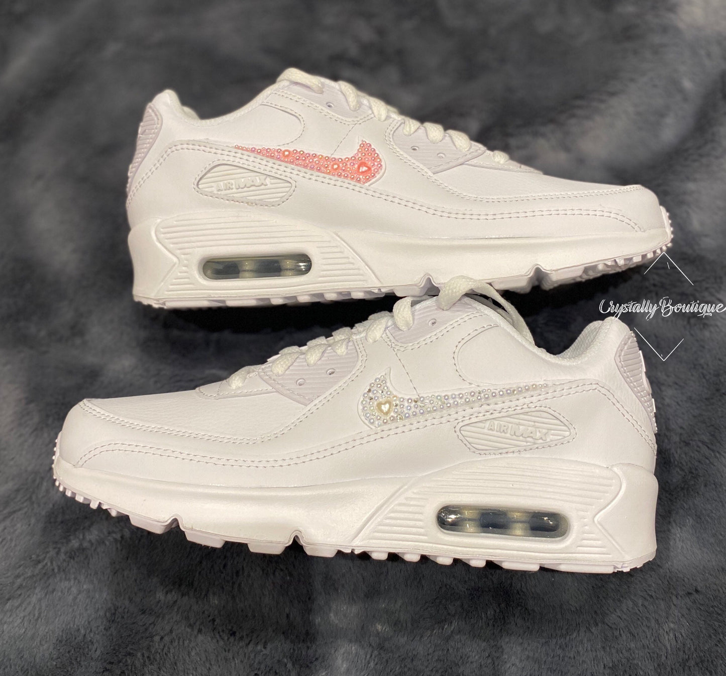 Junior Pink Customised Tick with Pearls Nike Air Max 90 White size 3 4 5 5.5 UK Brand New!