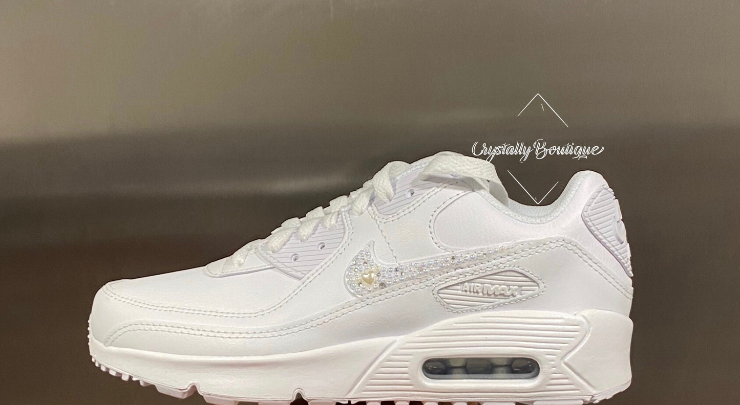 Beautiful Adult Bling Nike Air max 90 Customised Tick with Pearls and Rhinestone Crystal White size 6-11 UK Brand New!