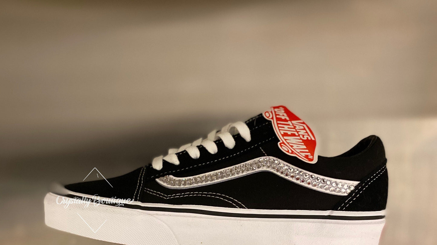 Junior and Adult Vans Black and White Old Skool Customised with Swarovski & Rhinestone Crystals