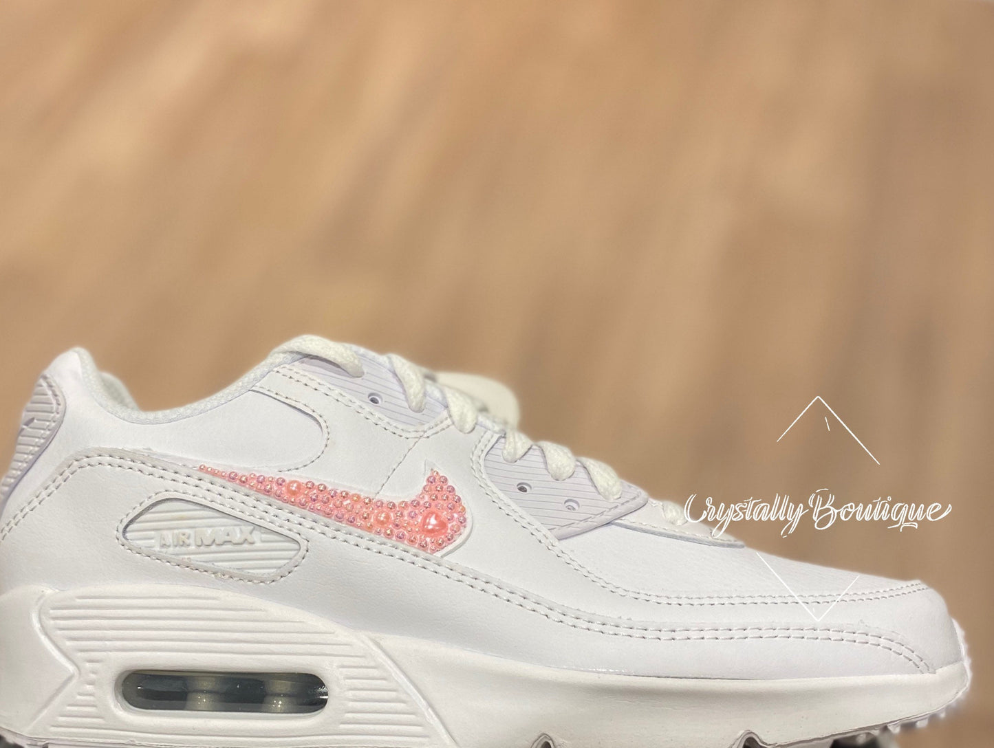 Beautiful White Adult Bling Nike Air max 90 Customised Tick with Pink Pearls size 6-11 UK Brand New!