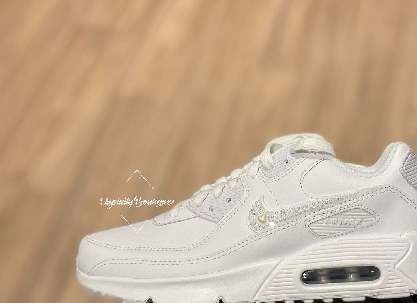 Junior Pearl/Bling Customised Tick on Nike White Air Max 90 size 3 4 5 5.5 UK Brand New!