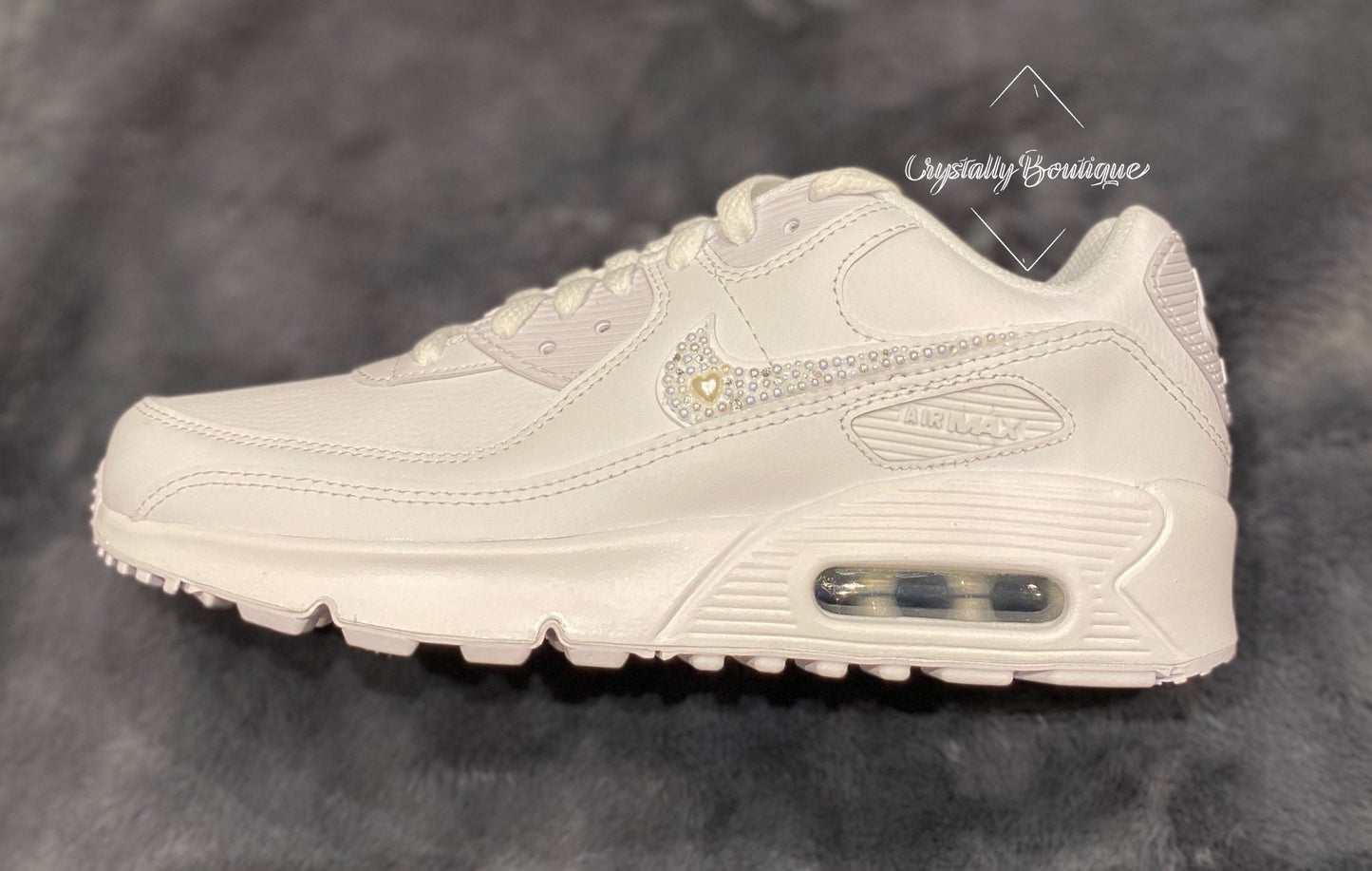 Junior Pearl/Bling Customised Tick on Nike White Air Max 90 size 3 4 5 5.5 UK Brand New!