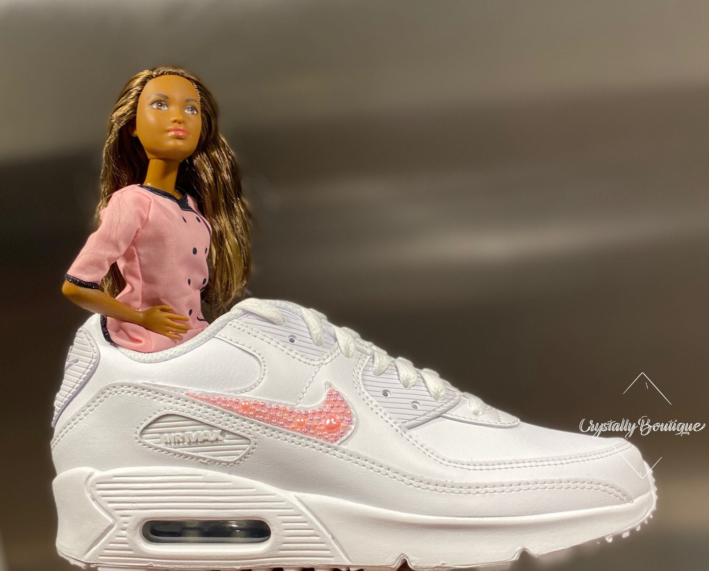 Junior Pink Customised Tick with Pearls Nike Air Max 90 White size 3 4 5 5.5 UK Brand New!