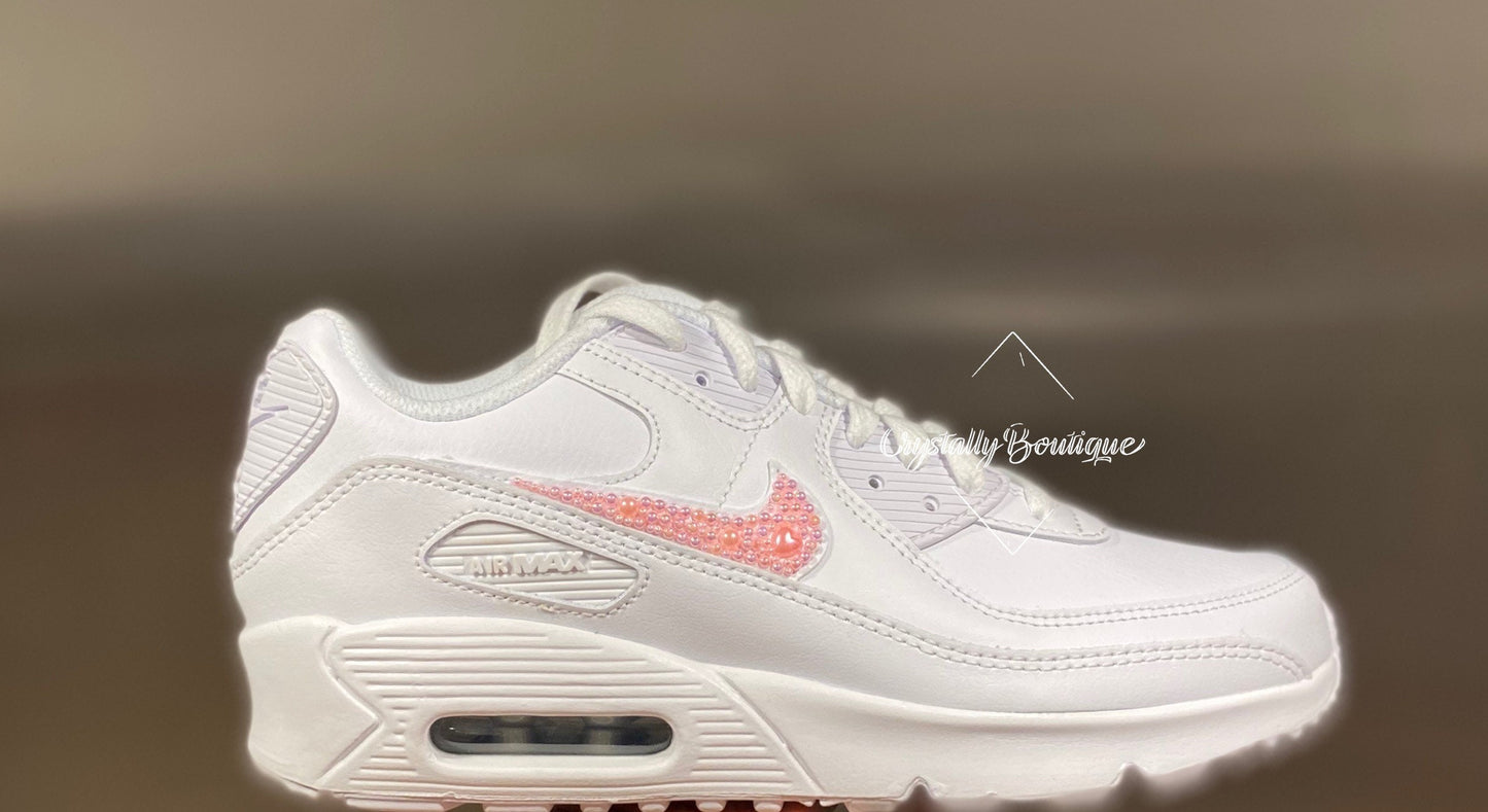 Beautiful White Adult Bling Nike Air max 90 Customised Tick with Pink Pearls size 6-11 UK Brand New!