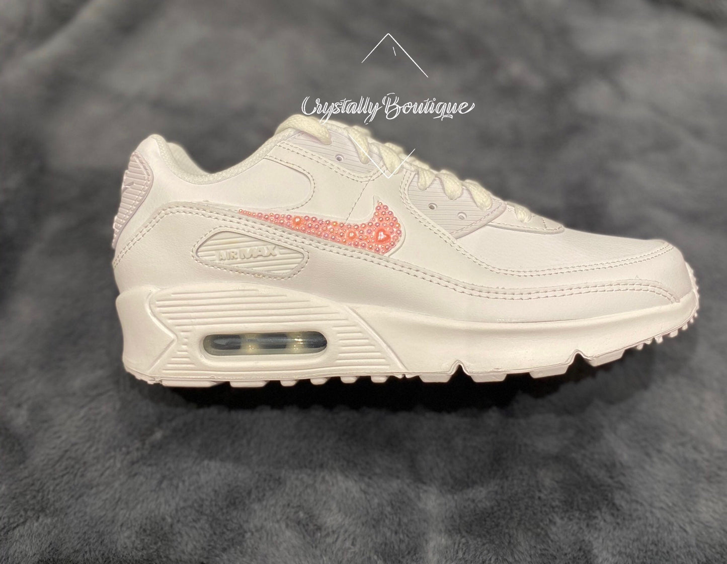 Beautiful White Adult Bling Nike Air max 90 Customised Tick with Pink Pearls size 6-11 UK Brand New!