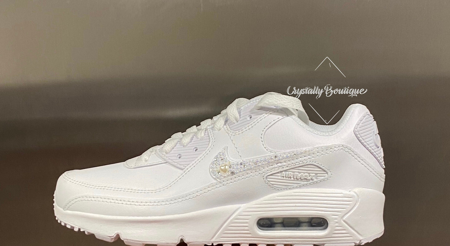 Junior Pearl/Bling Customised Tick on Nike White Air Max 90 size 3 4 5 5.5 UK Brand New!