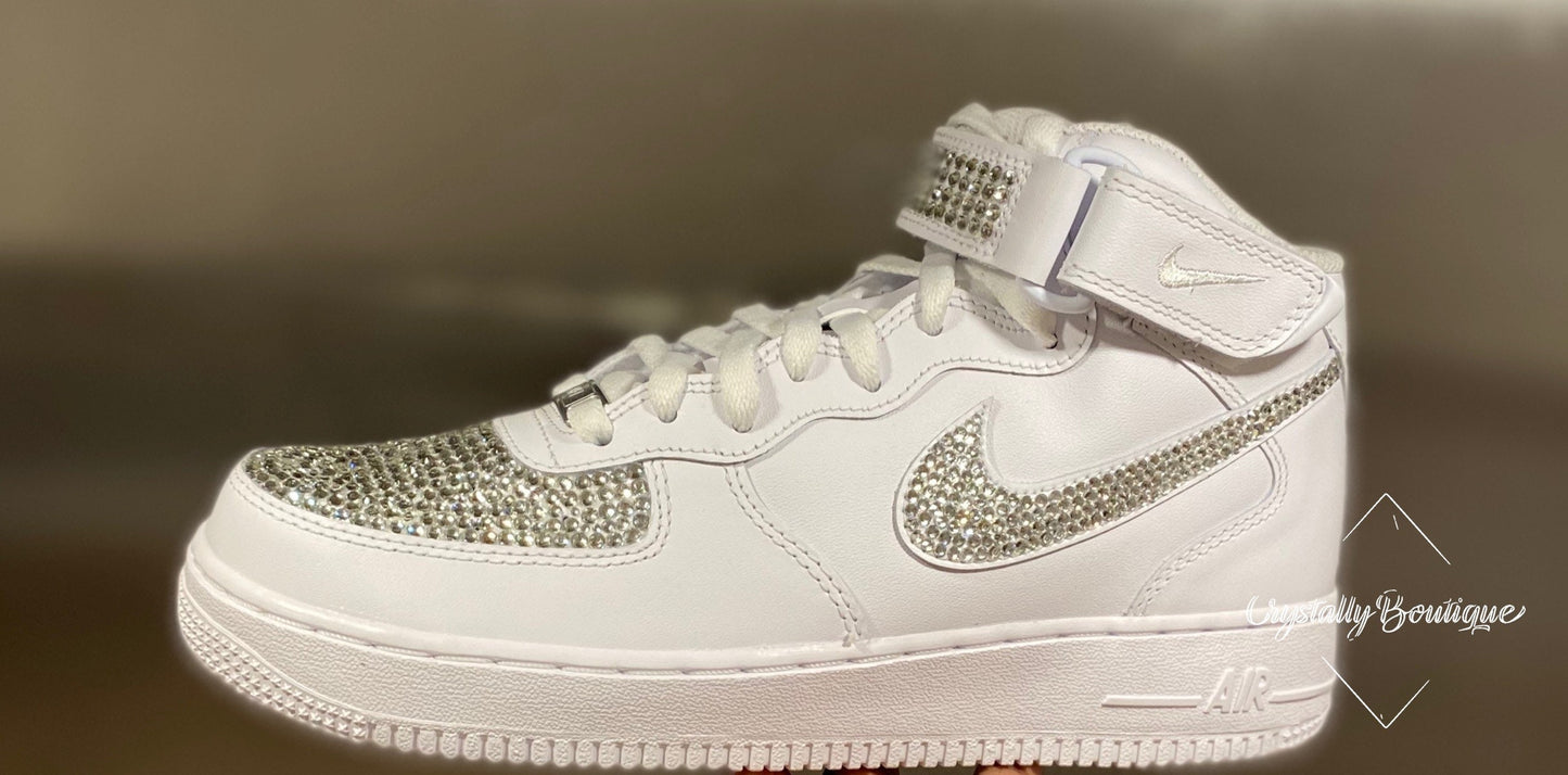 SALE Size 6UK Nike Air Force Ones Mid customised Bling Toes, Ticks & Strap Swarovski mix with Rhinestone Clear Crystal White Leather