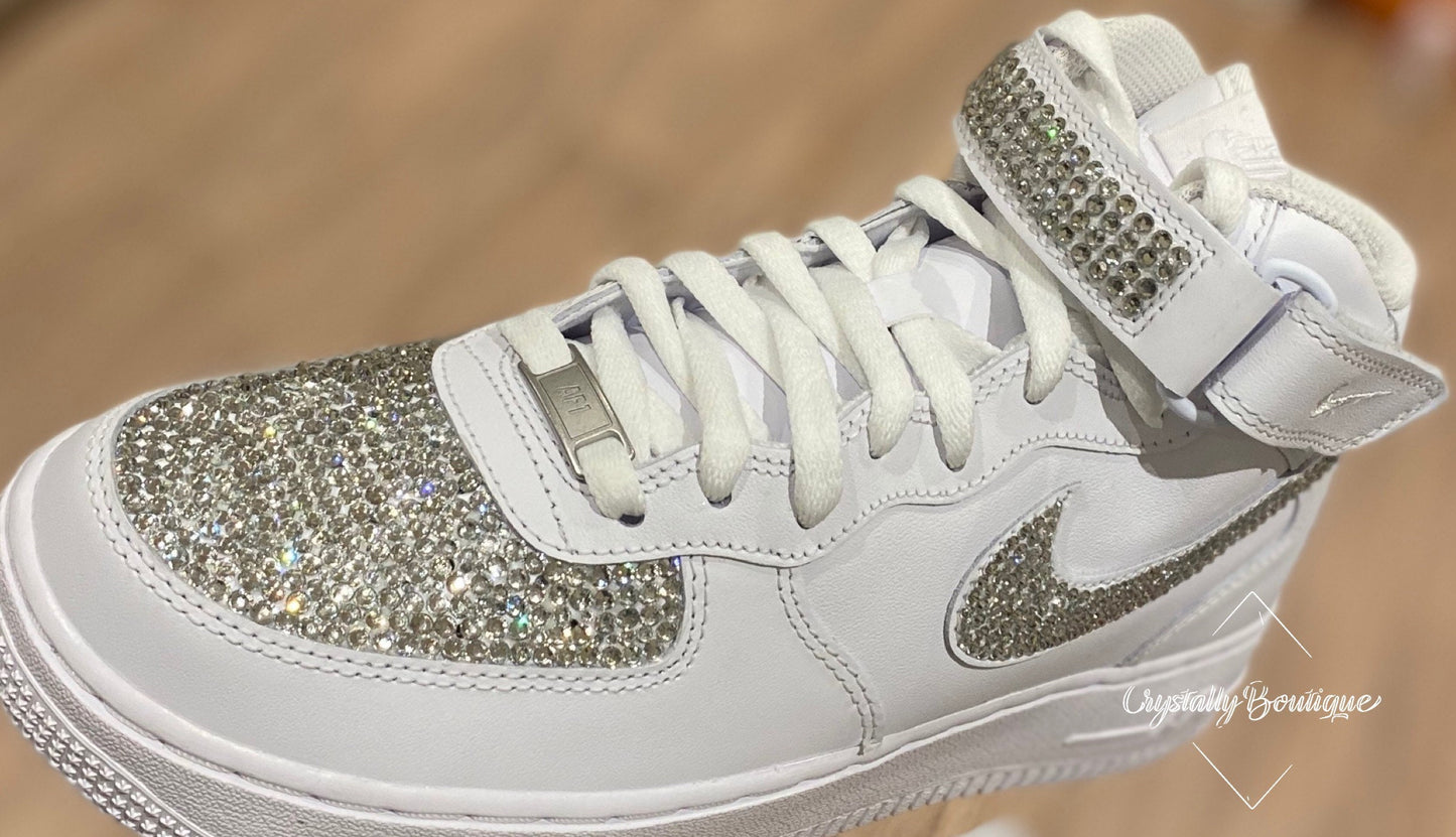 SALE Size 6UK Nike Air Force Ones Mid customised Bling Toes, Ticks & Strap Swarovski mix with Rhinestone Clear Crystal White Leather