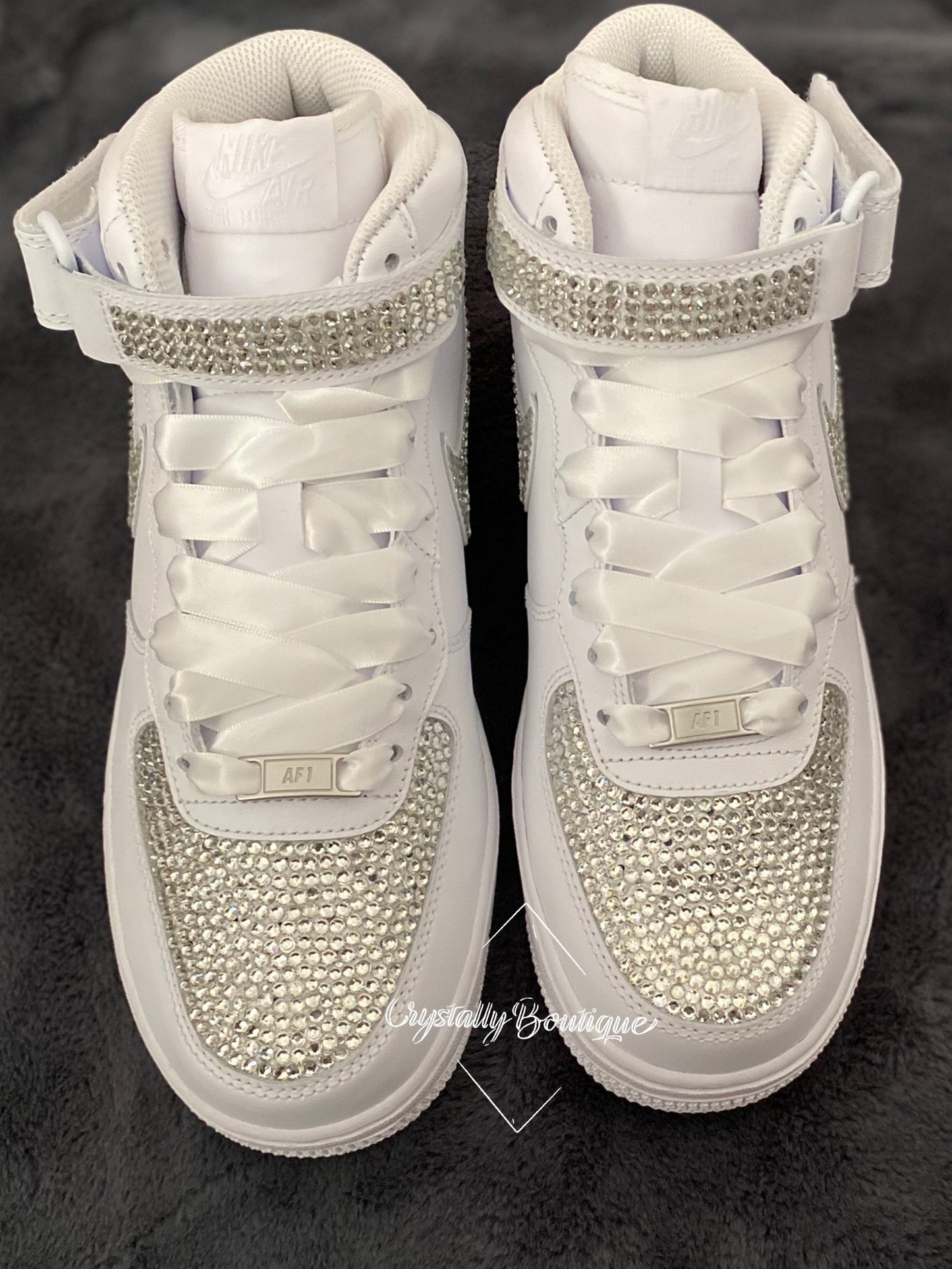 SALE Size 6UK Nike Air Force Ones Mid customised Bling Toes, Ticks & Strap Swarovski mix with Rhinestone Clear Crystal White Leather