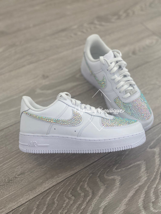 Junior Bling Two-Toned Swarovski & Rhinestone Customised Nike Air Force Ones White size 3-5.5 UK Brand New!