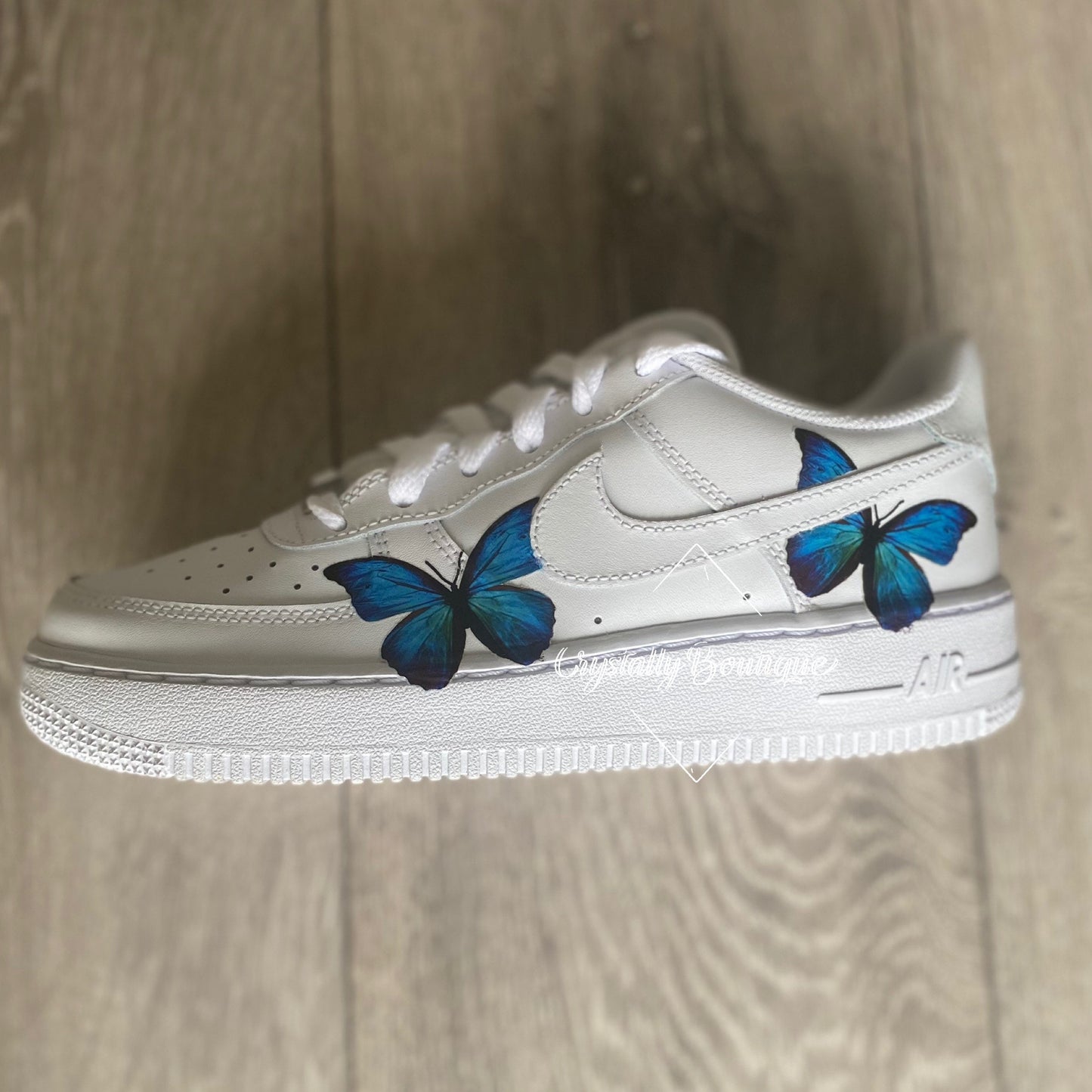 Junior Customised Blue Butterflies Nike Air Force Ones White size 3-5.5 UK Brand New!