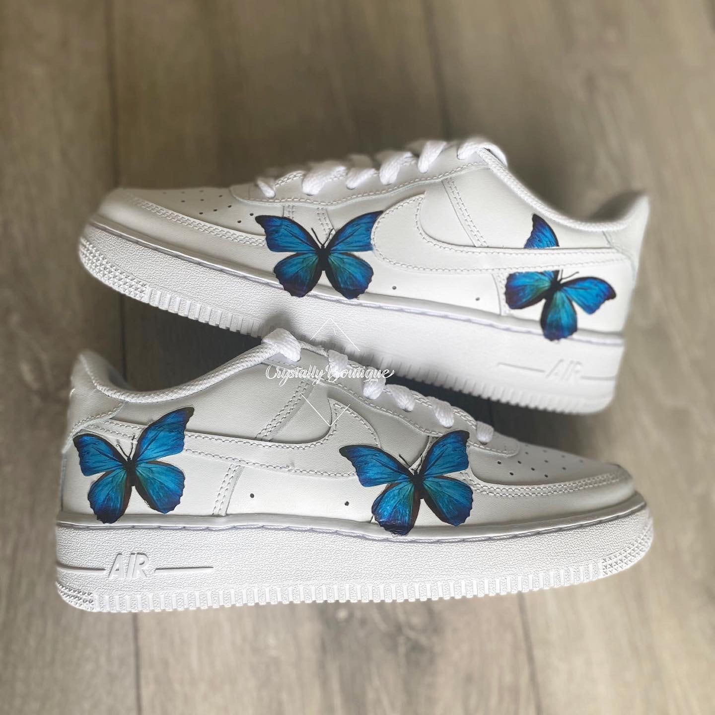 Junior Customised Blue Butterflies Nike Air Force Ones White size 3-5.5 UK Brand New!