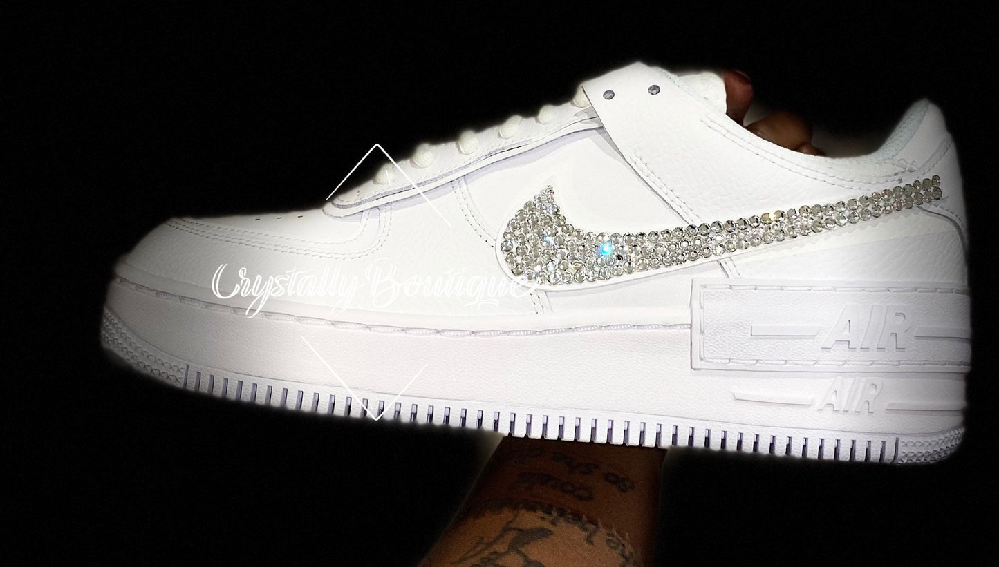 Shadow Adult Nike Air Force Ones In White customised with Clear Rhinestone Crystals size 3 4 5 6 7 8 9 10 11 UK Brand New!