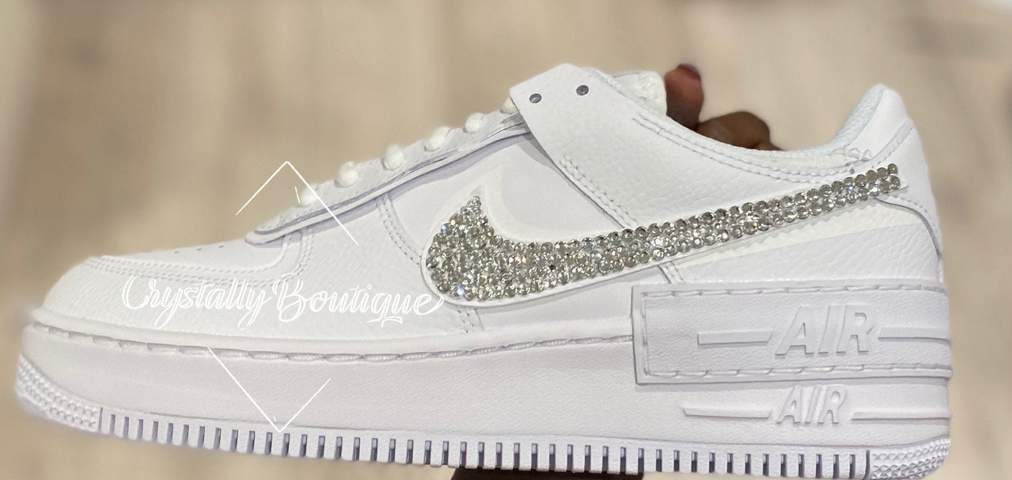 Shadow Adult Nike Air Force Ones In White customised with Clear Rhinestone Crystals size 3 4 5 6 7 8 9 10 11 UK Brand New!