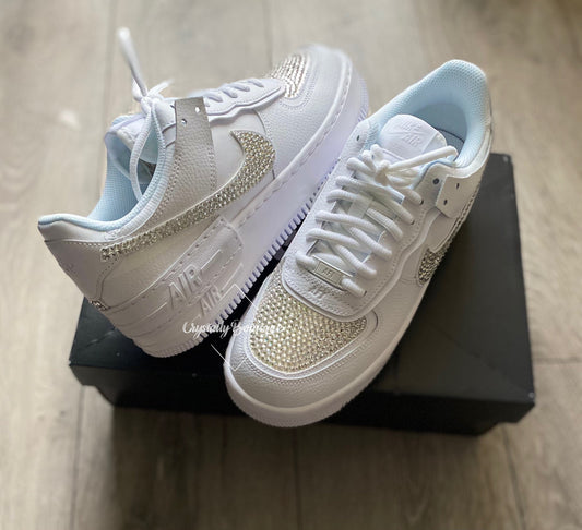Shadow Bling Top Adult Nike Air Force Ones in White customised with Clear Rhinestone Crystals size 3 4 5 6 7 8 9 10 11 UK Brand New!