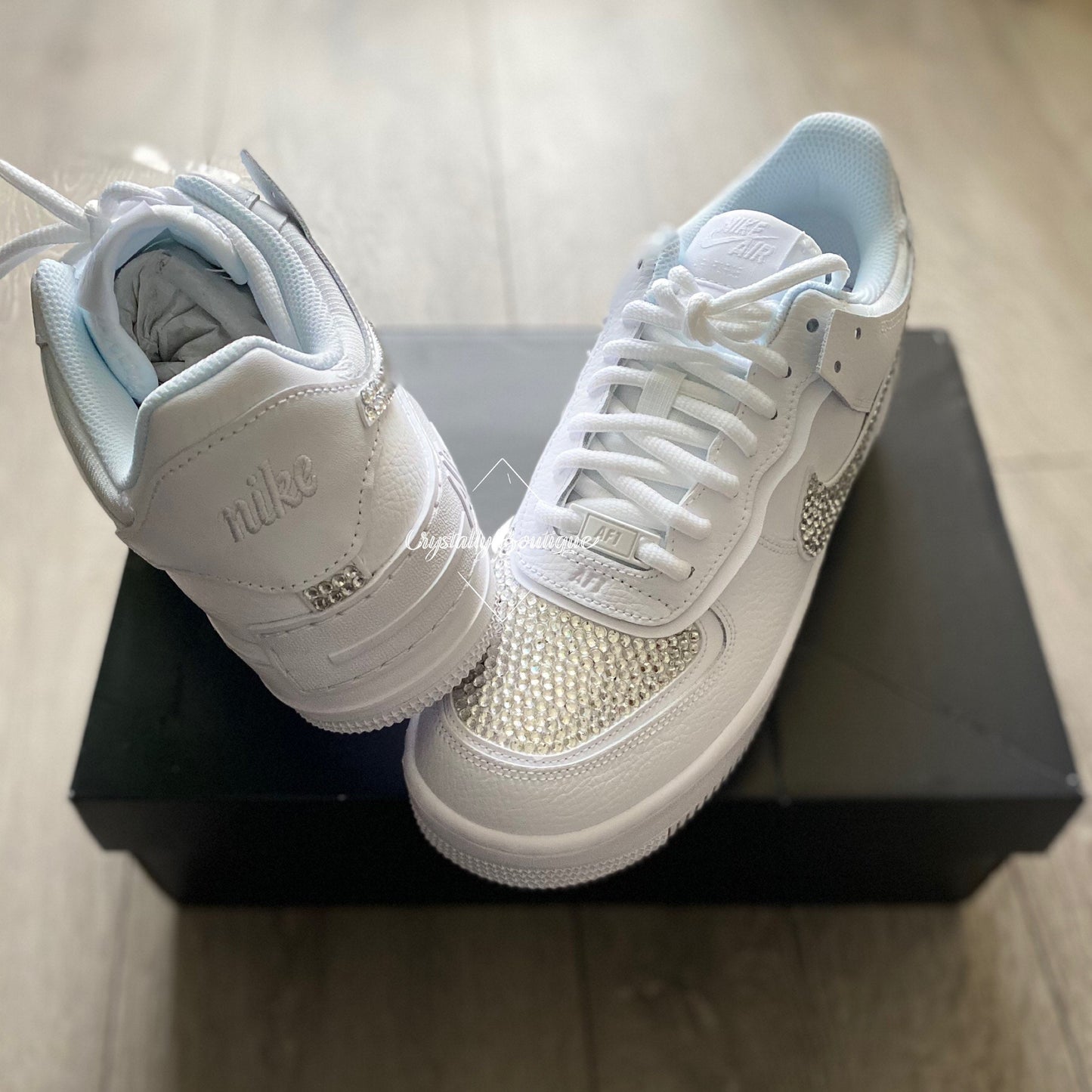 Shadow Bling Top Adult Nike Air Force Ones in White customised with Clear Rhinestone Crystals size 3 4 5 6 7 8 9 10 11 UK Brand New!