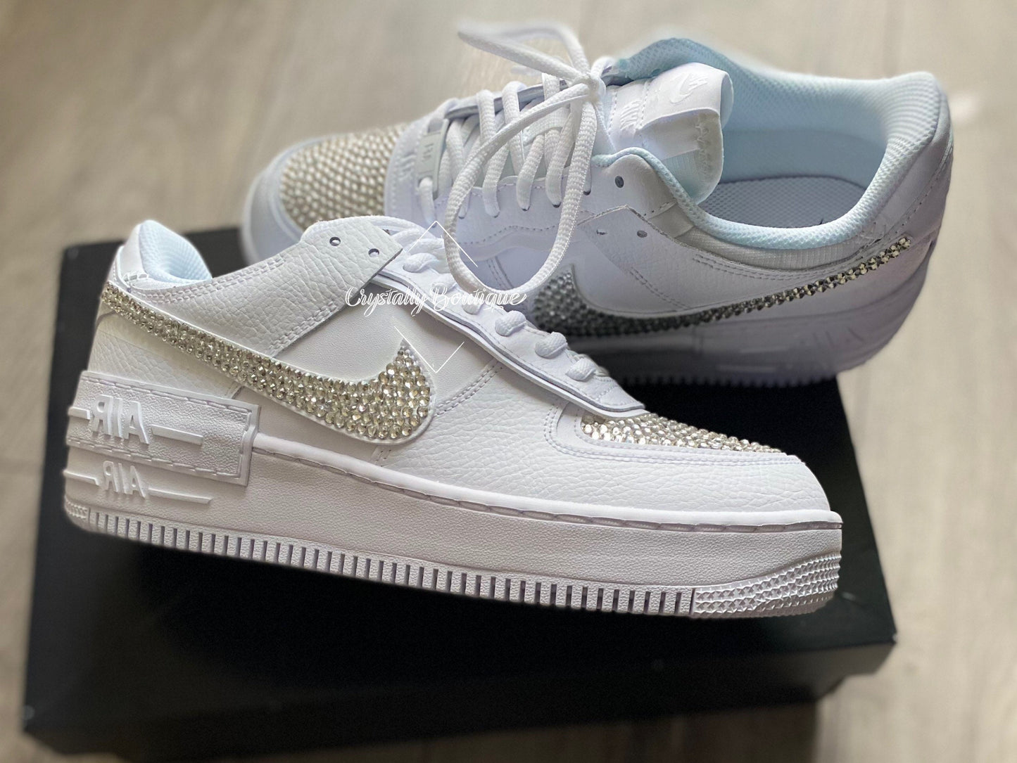 Shadow Bling Top Adult Nike Air Force Ones in White customised with Clear Rhinestone Crystals size 3 4 5 6 7 8 9 10 11 UK Brand New!