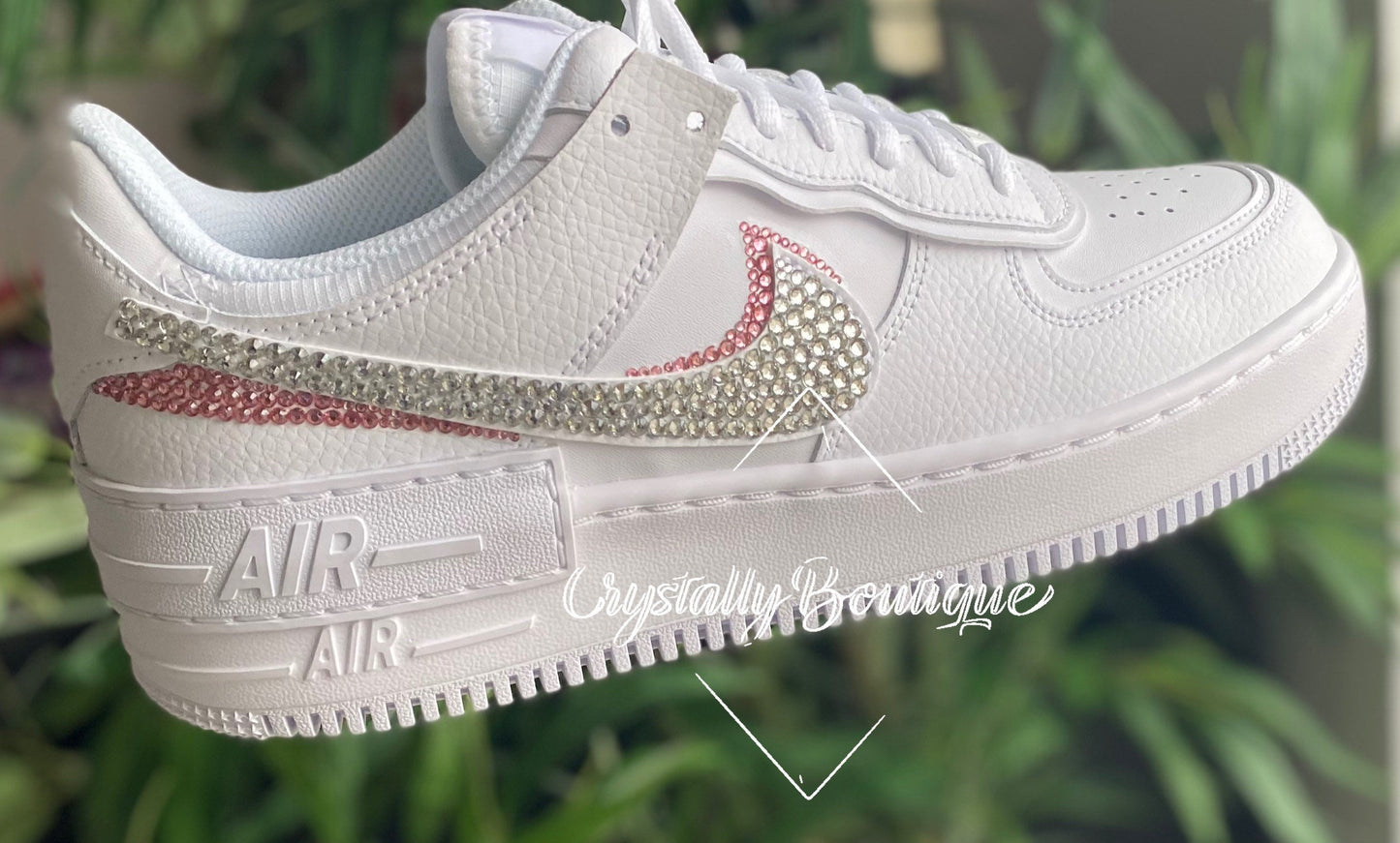 Shadow Adult Nike Air Force Ones In White customised with Pink and Clear Rhinestone Crystals size 3 4 5 6 7 8 9 10 11 UK Brand New!