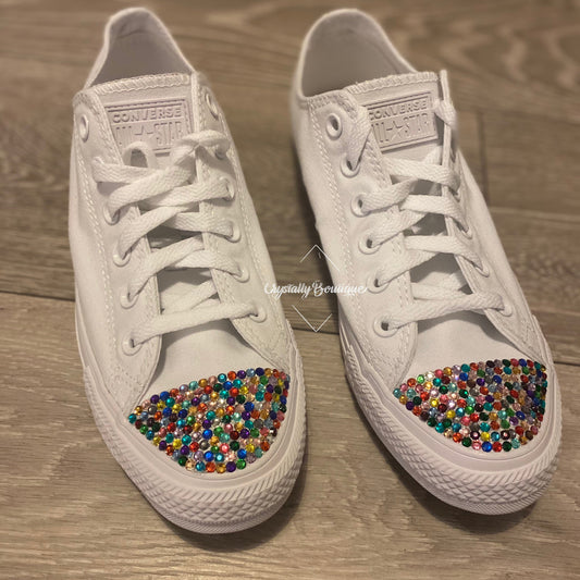 Customised White Converse Lo with Rainbow Crystals Junior/Adult 2 3 4 5 6 7 8 9 10 11 UK