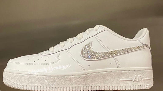 Junior Nike Air Force Ones White customised with Clear Swarovski & Rhinestone Crystals size 3-5.5uk Brand New!